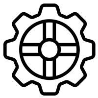 Icon of a gear representing a part that is printed, sintered, and inspected by Holo